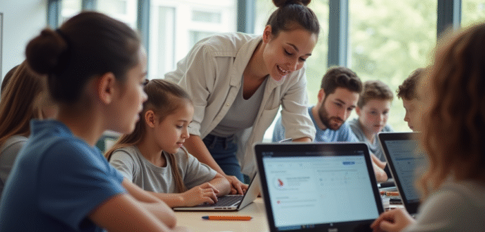 Groupe d'étudiants et professeur utilisant des tablettes dans une classe lumineuse