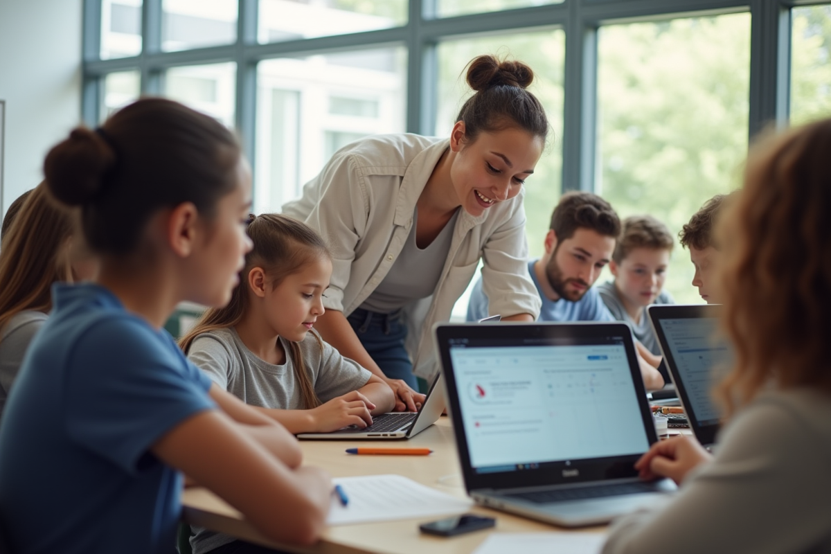 Groupe d'étudiants et professeur utilisant des tablettes dans une classe lumineuse