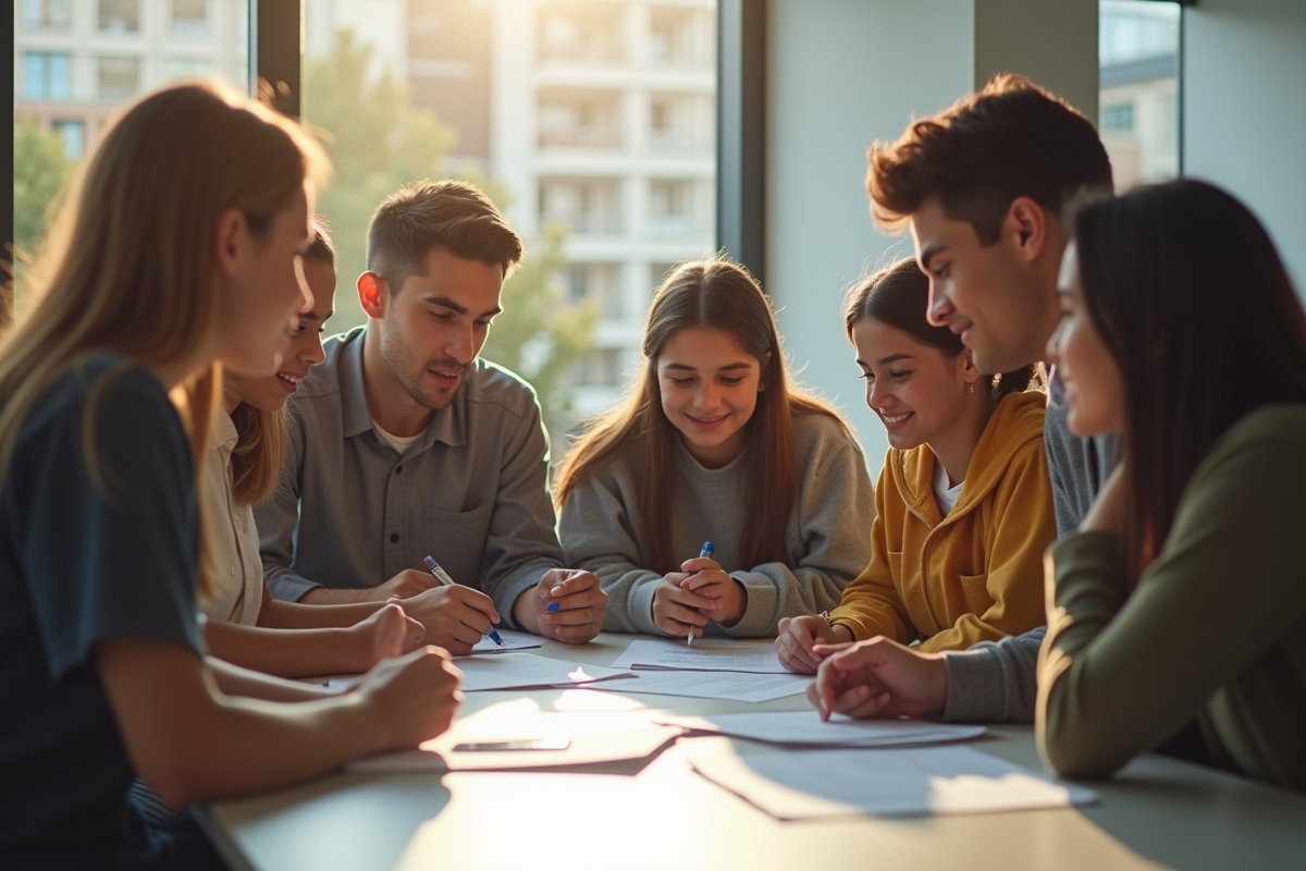 Groupe de jeunes avec adulte autour de documents de permis