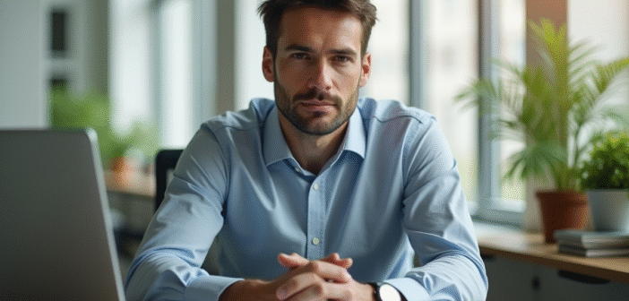 Homme confiant assis à un bureau lumineux en journée