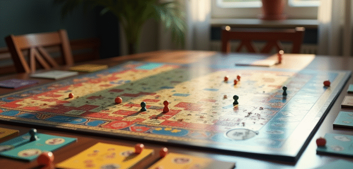 Plateau de jeu de stratégie complexe sur une table en bois