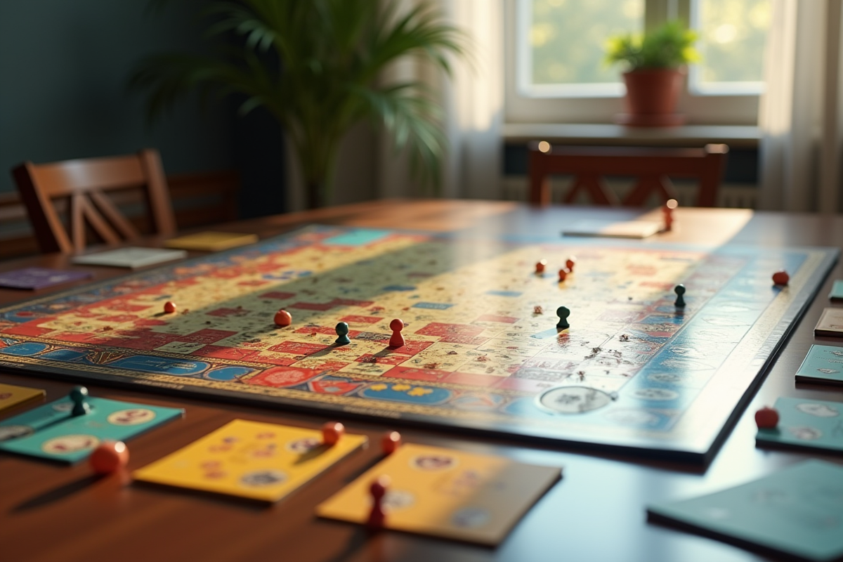 Plateau de jeu de stratégie complexe sur une table en bois