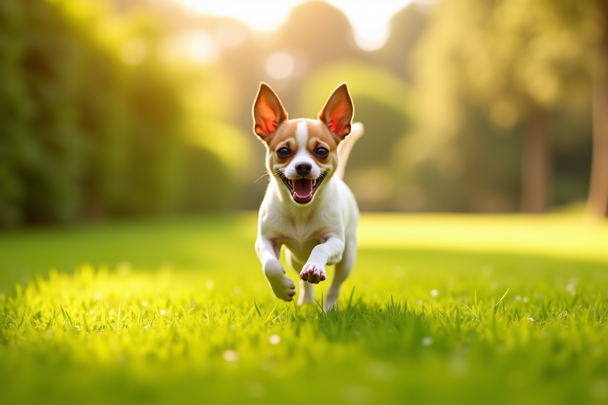 Jeune chihuahua courant dans un jardin vert en plein soleil