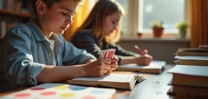 Jeune adulte étudiant avec livres et flashcards en lumière naturelle