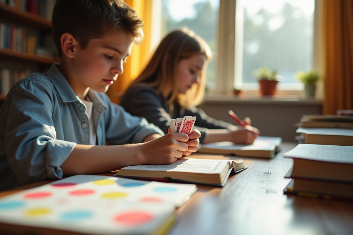 Jeune adulte étudiant avec livres et flashcards en lumière naturelle