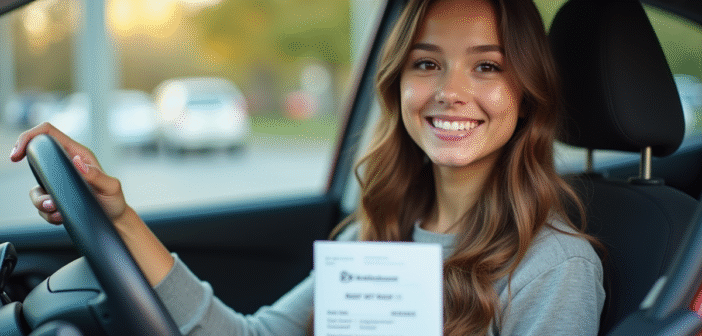 Jeune femme souriante avec permis de conduire dans la voiture