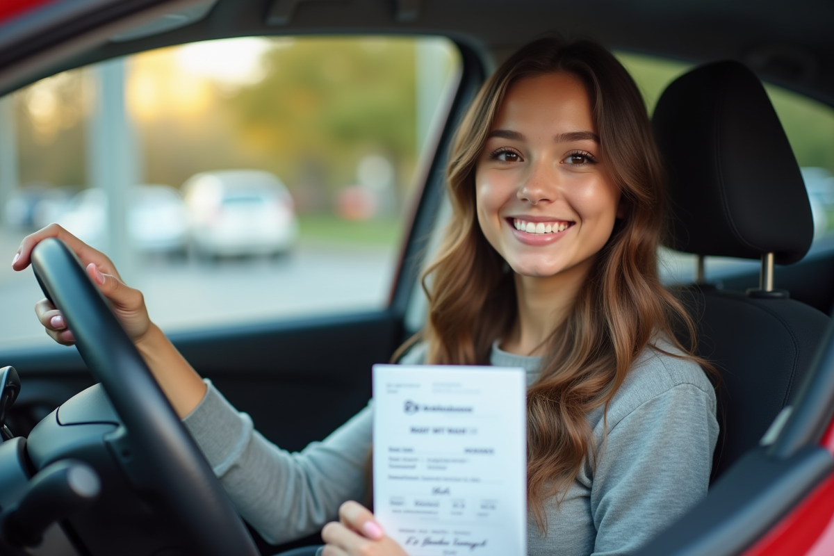 Jeune femme souriante avec permis de conduire dans la voiture