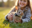 Jeune personne tenant un lapin avec collier GPS en extérieur