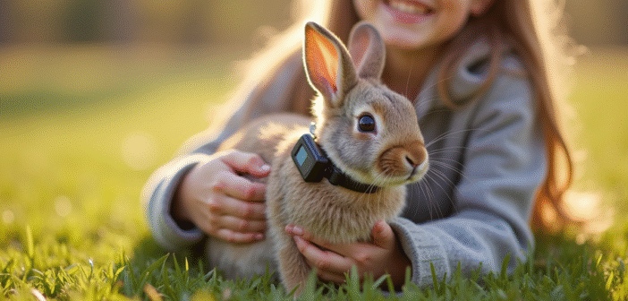 Jeune personne tenant un lapin avec collier GPS en extérieur
