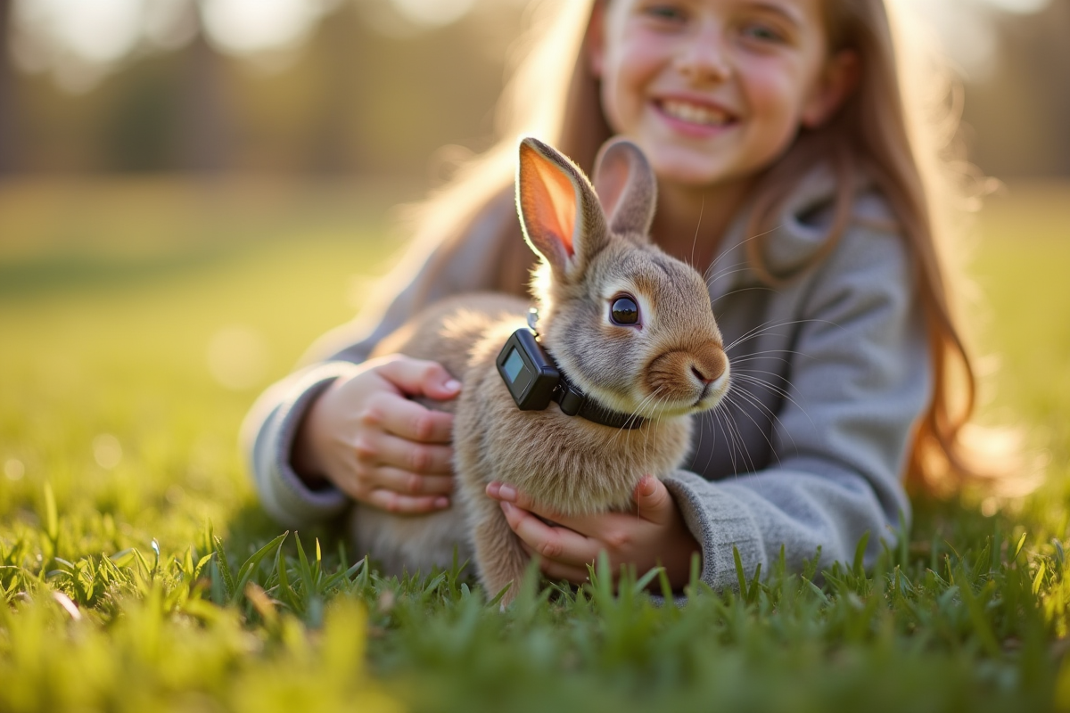 Jeune personne tenant un lapin avec collier GPS en extérieur