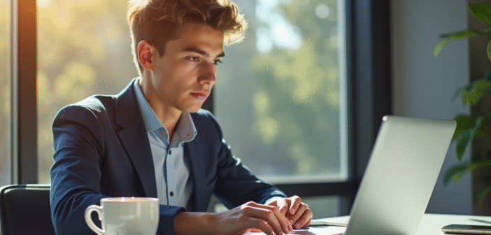 Jeune professionnel utilisant la banque en ligne sur un ordinateur portable