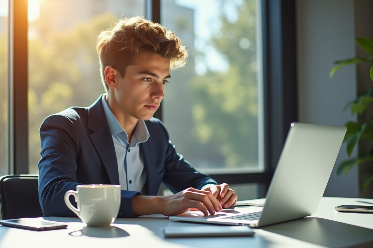 Jeune professionnel utilisant la banque en ligne sur un ordinateur portable