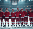 Jeunes joueurs de hockey souriants sur la glace après un match