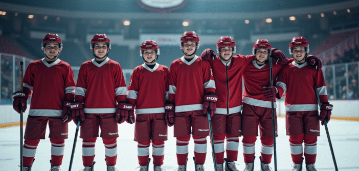 Jeunes joueurs de hockey souriants sur la glace après un match