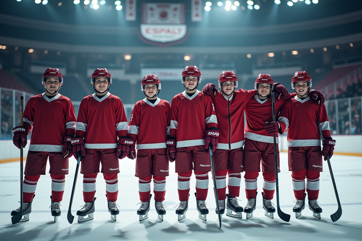 Jeunes joueurs de hockey souriants sur la glace après un match