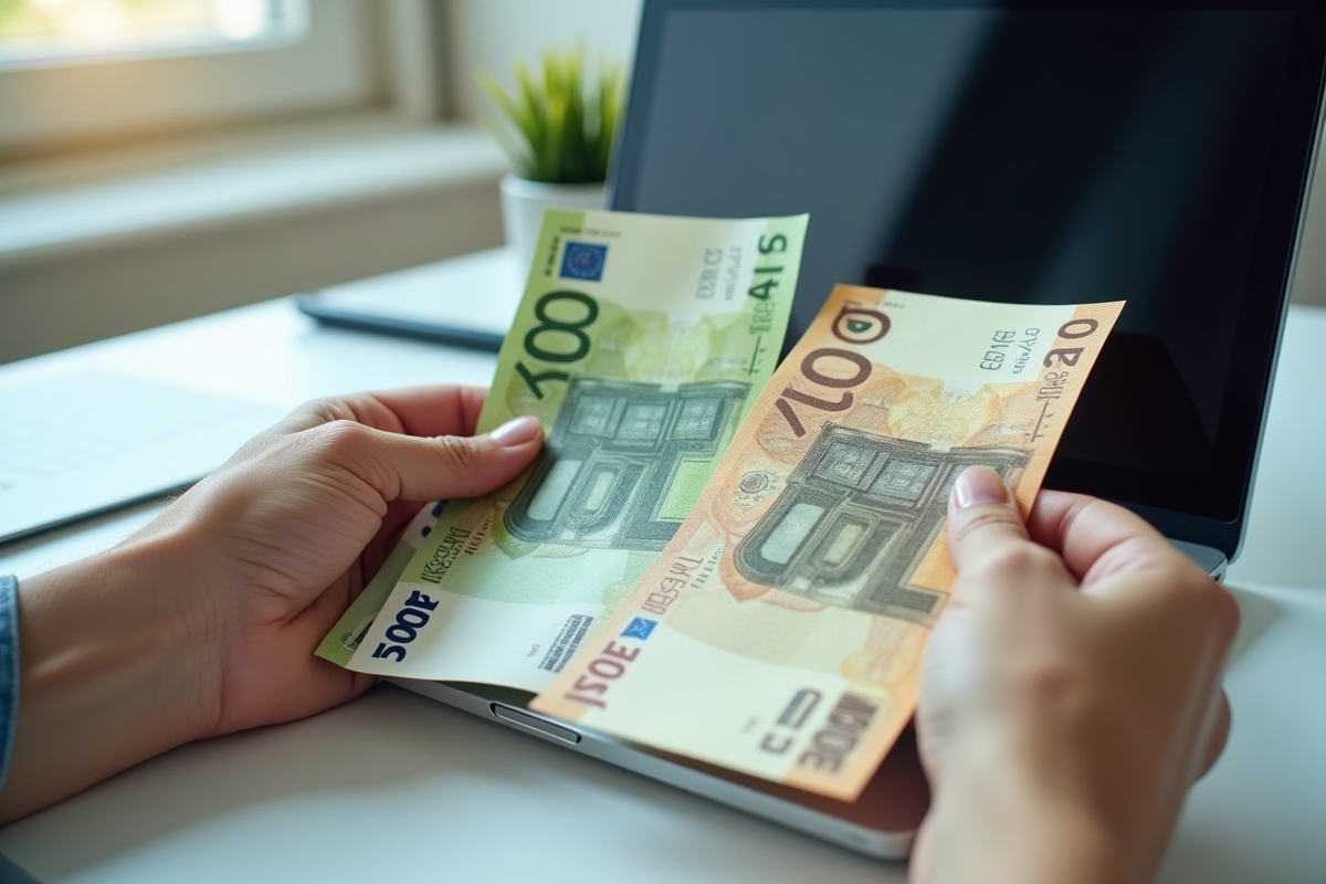 Deux mains tenant des billets et documents de salaire