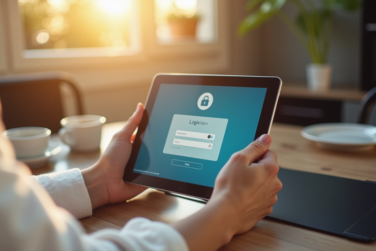 Mains tenant une tablette affichant une connexion bancaire sécurisée