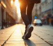 Personne marchant rapidement sur trottoir ensoleille en ville