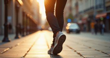 Personne marchant rapidement sur trottoir ensoleille en ville