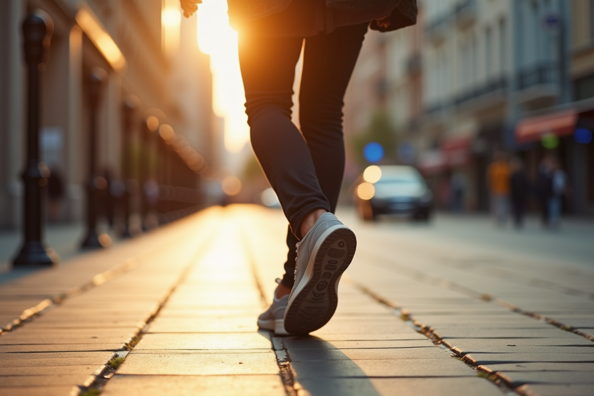 Personne marchant rapidement sur trottoir ensoleille en ville
