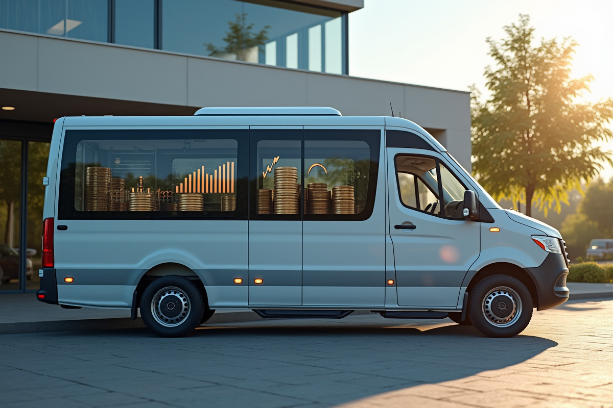 Minibus devant un bureau avec graphiques et pièces d