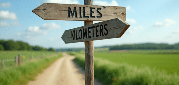 Ancien panneau en bois à un croisement rural avec flèches miles et kilomètres