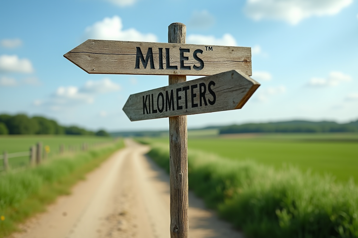 Ancien panneau en bois à un croisement rural avec flèches miles et kilomètres