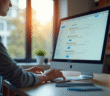 Personne travaillant sur un ordinateur avec boîte mail lumineuse
