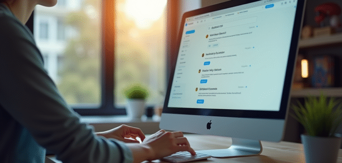 Personne travaillant sur un ordinateur avec boîte mail lumineuse