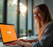 Personne souriante au bureau utilisant un ordinateur portable avec site orange