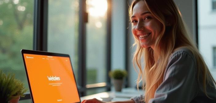 Personne souriante au bureau utilisant un ordinateur portable avec site orange