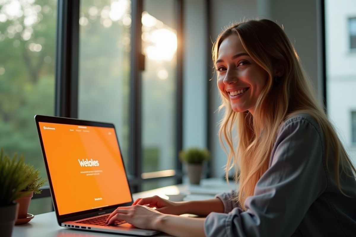 Personne souriante au bureau utilisant un ordinateur portable avec site orange