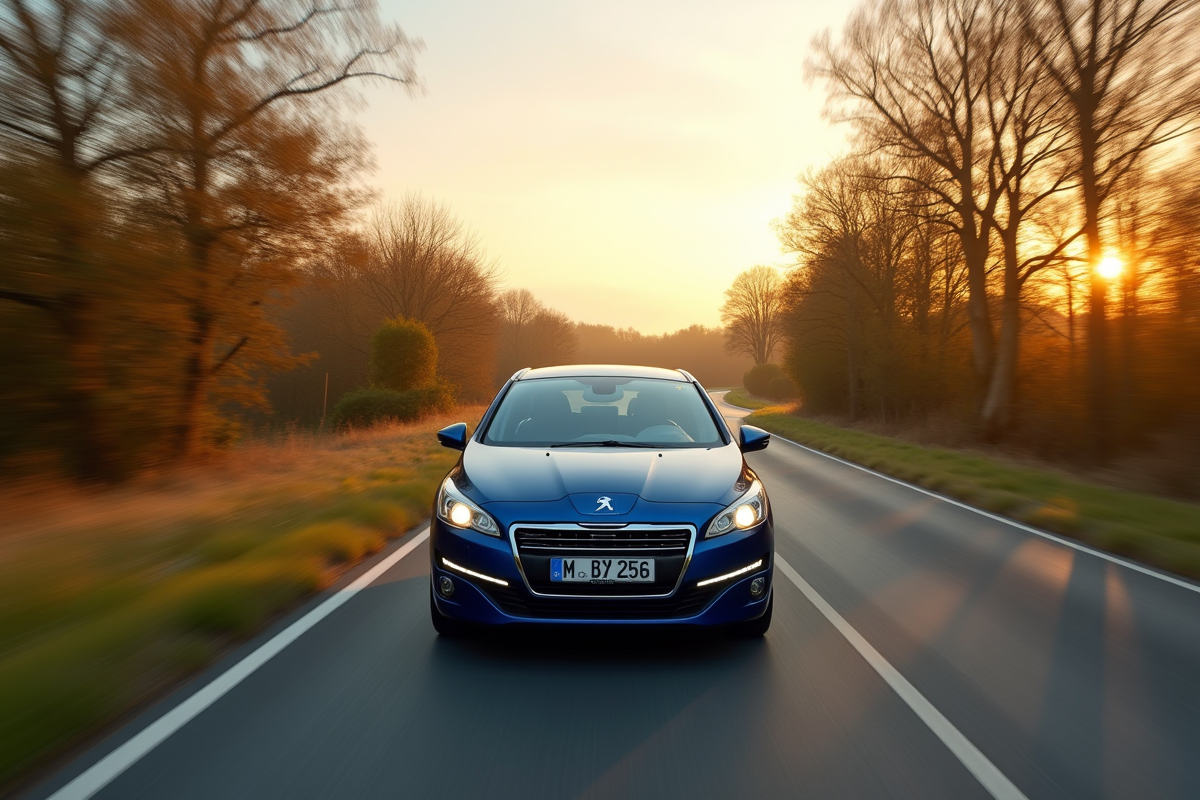 Voiture Peugeot 308 bleue sur route de campagne au coucher du soleil