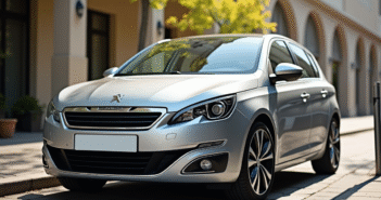 Peugeot 308 argentée en ville en plein jour