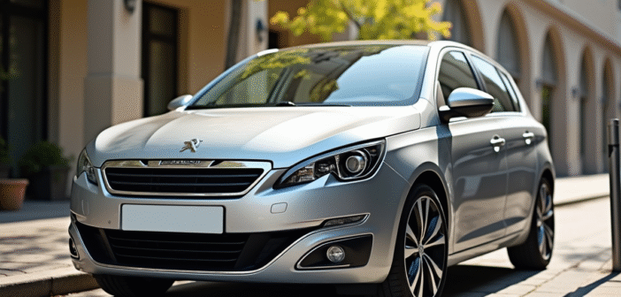 Peugeot 308 argentée en ville en plein jour