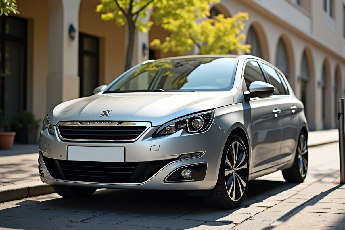 Peugeot 308 argentée en ville en plein jour