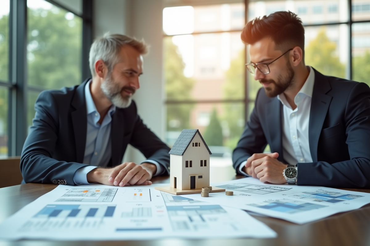 Deux professionnels immobiliers examinant des plans et modèles