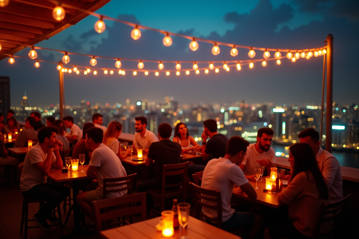 Bar sur le toit avec amis et vue sur la ville G la nuit