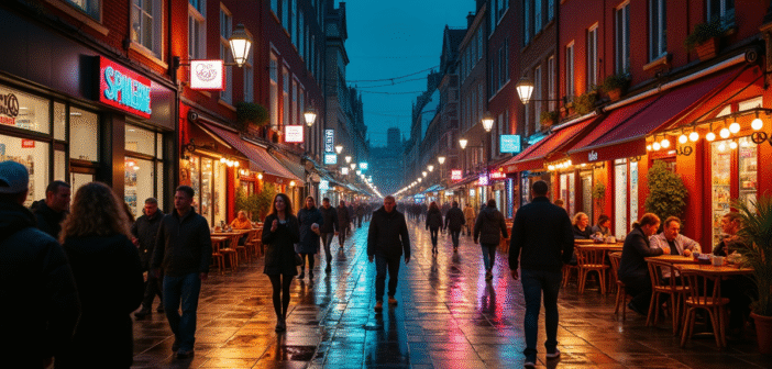 Rue animée de nuit dans une capitale G avec lumières vives