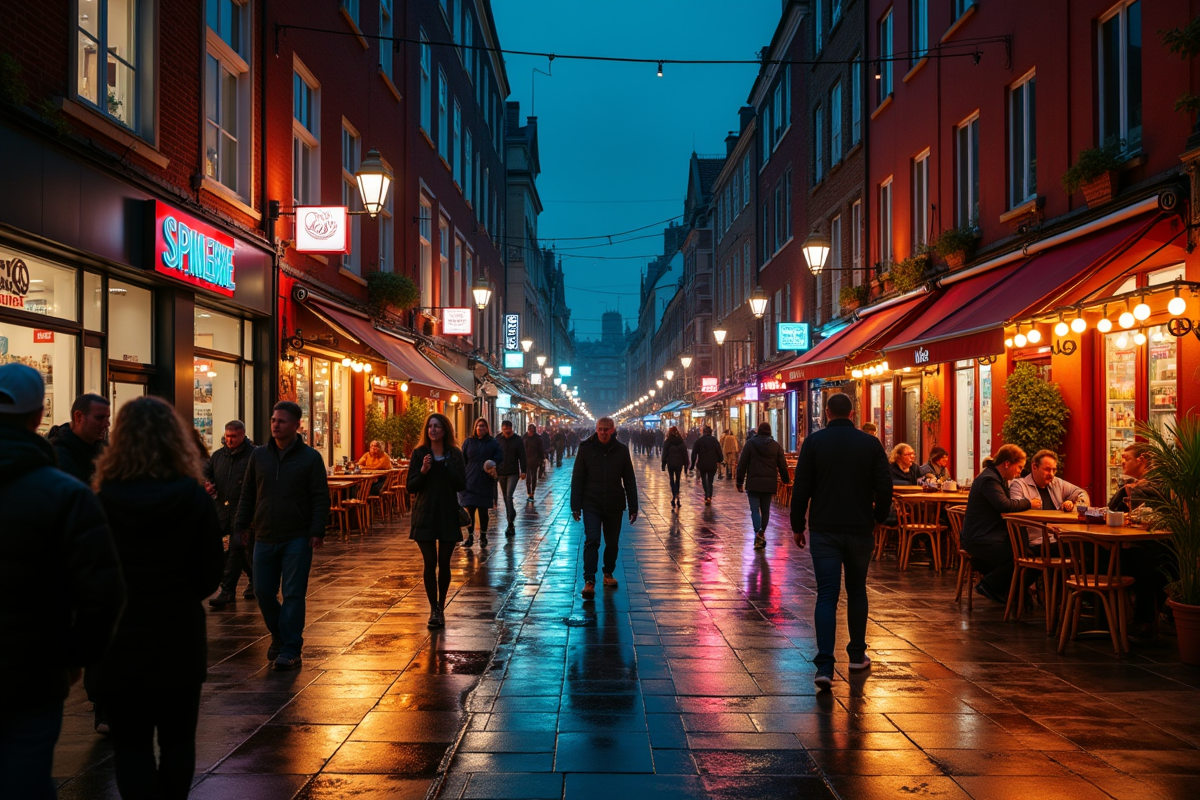 Rue animée de nuit dans une capitale G avec lumières vives