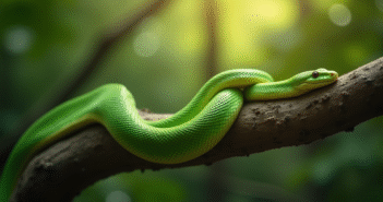 Serpent vert enroule dans une foret lumineuse