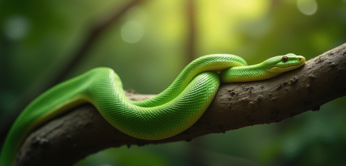 Serpent vert enroule dans une foret lumineuse