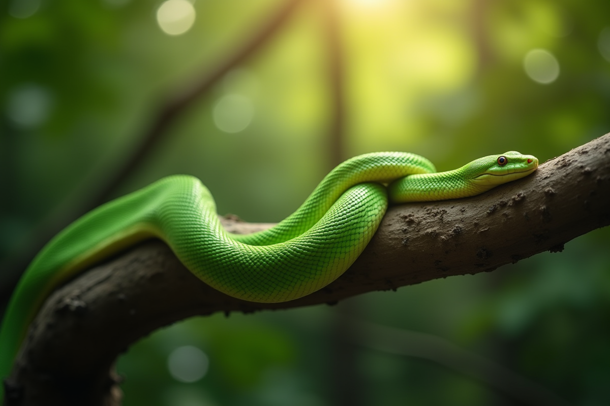 Serpent vert enroule dans une foret lumineuse