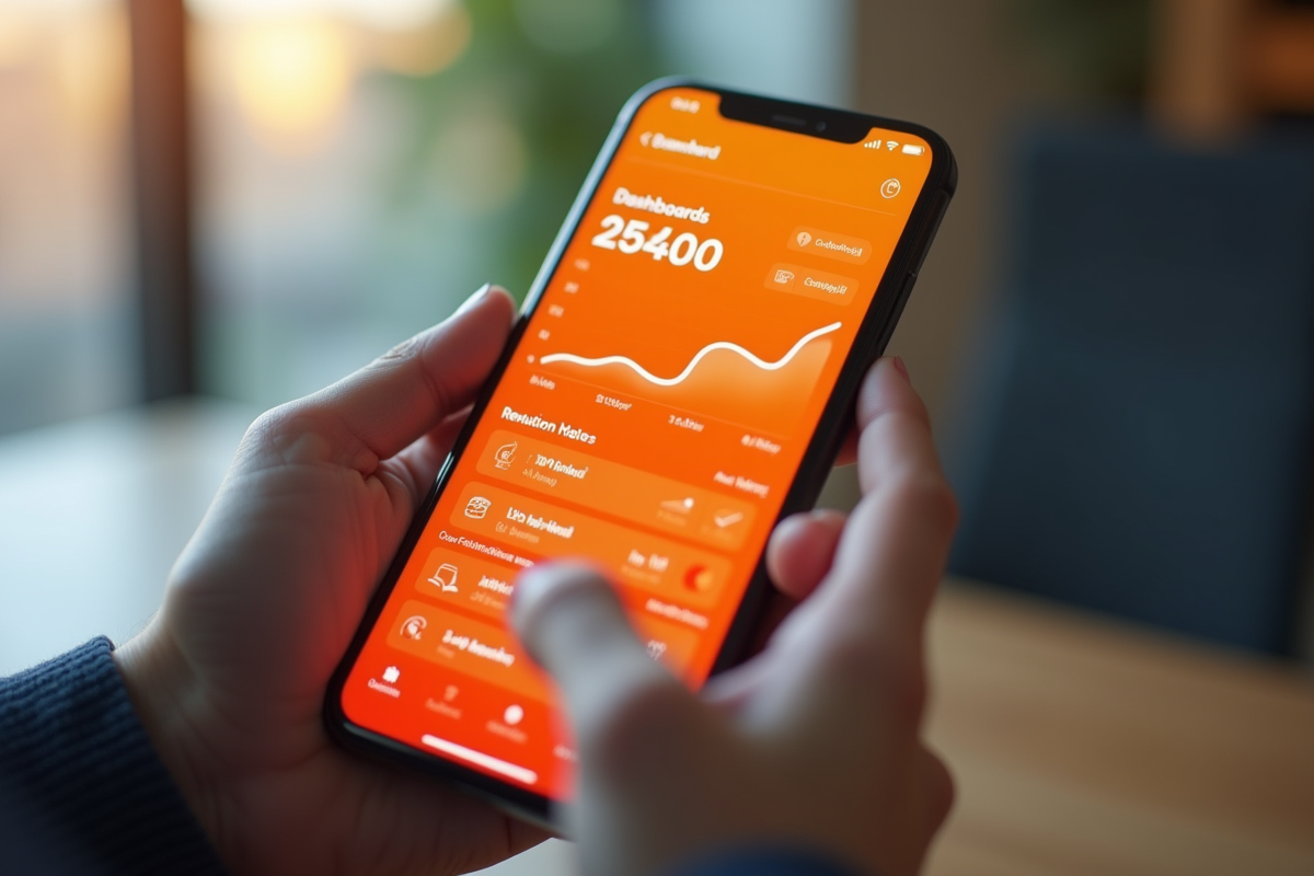 Gros plan sur smartphone affichant interface orange vif dans la main