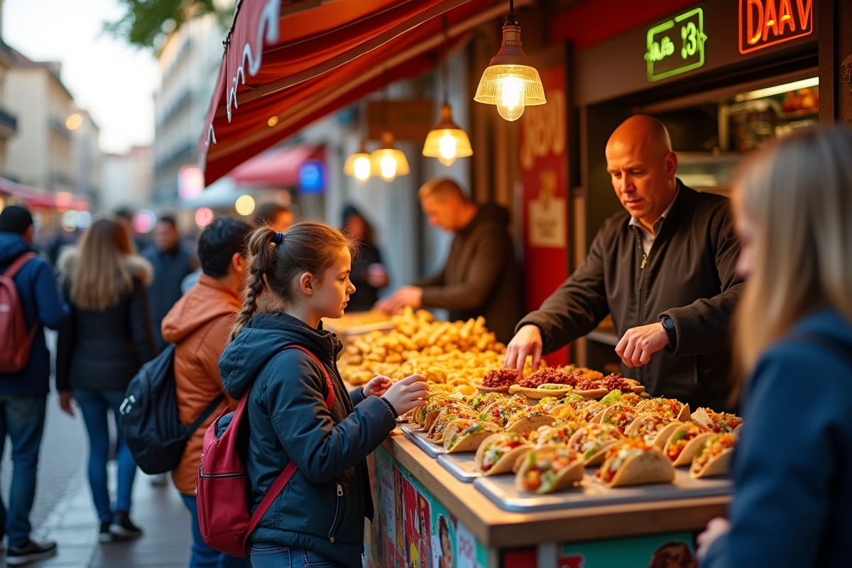 Stand de street food à Dax avec tacos colorés