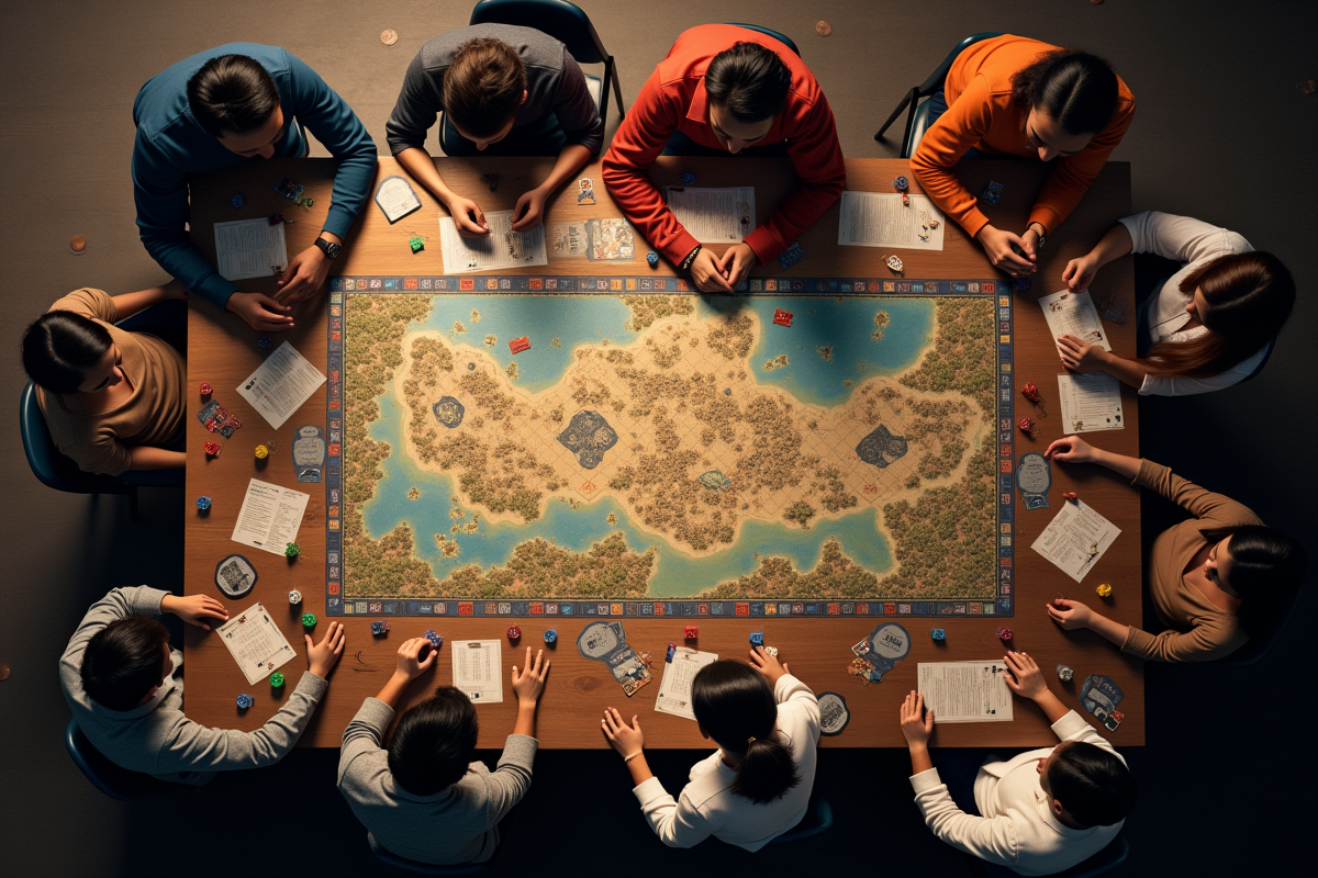 Groupe de joueurs concentrés autour d un grand jeu de société