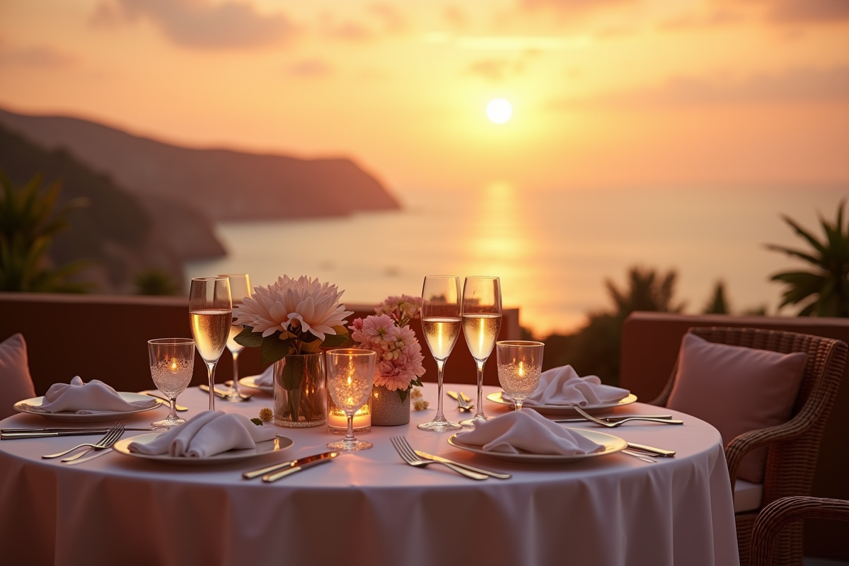 Table romantique decorée avec vue sur la mer au coucher du soleil