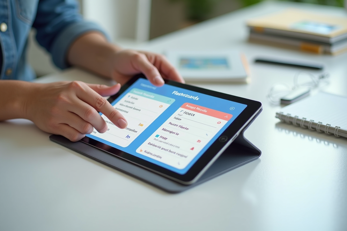 Tablette avec application de flashcards et mains en interaction