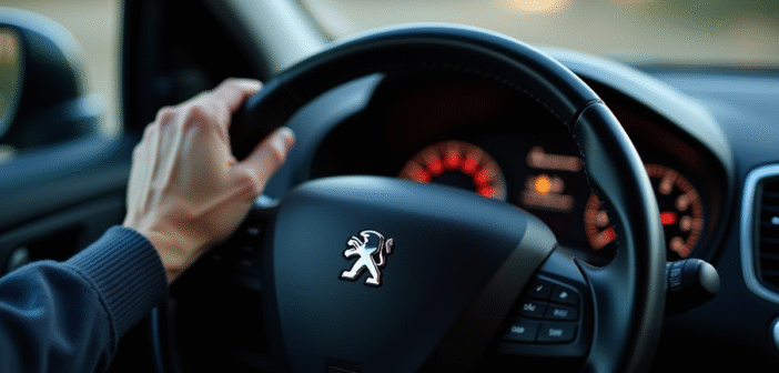 Main du conducteur sur le volant Peugeot 2008 avec voyant allumé