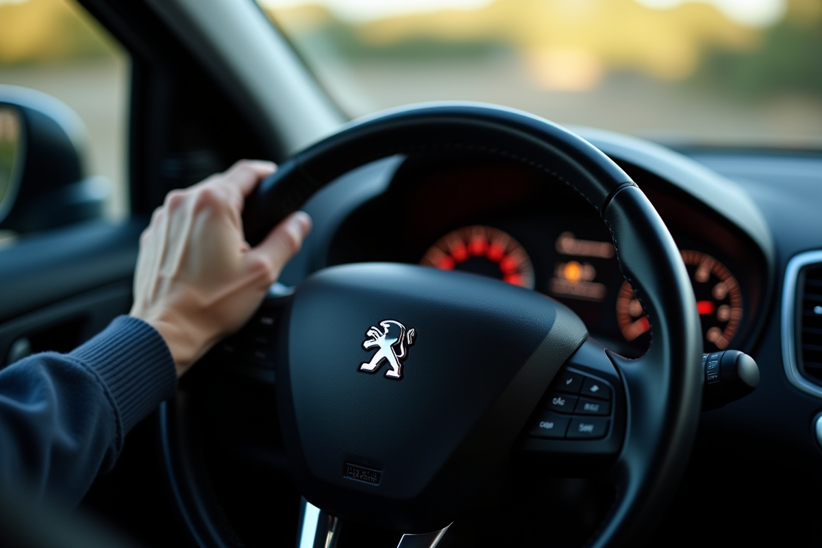 Main du conducteur sur le volant Peugeot 2008 avec voyant allumé